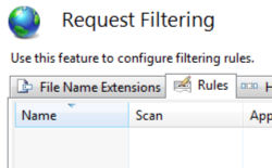 Screenshot of Request Filtering pane displaying the Rules tab and Add Filtering Rule option in the Actions pane.