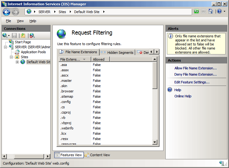 Screenshot of the Request Filtering pane showing the Deny File Name Extension option.