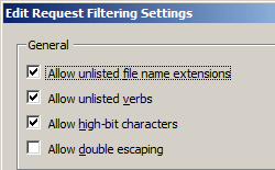 Screenshot of Edit Request Filtering Settings dialog box showing Allow unlisted file name extensions selected.