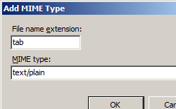Screenshot that shows the Add MIME Type dialog box. Tab is entered in the File name extension box. Text slash plain is entered in the MIME type text box.