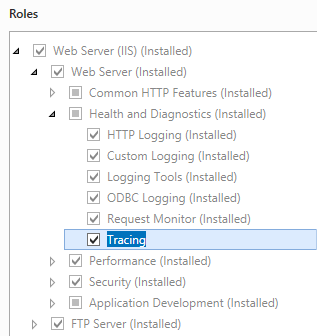 Screenshot of the Server Roles page. Tracing is highlighted in the expanded menu.