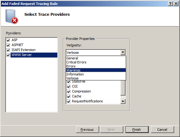 Screenshot of the Add Failed Request Tracing Rule wizard displaying the Select Trace Providers page. W W W Server and Warnings are selected.
