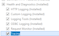 Screenshot shows Web Server and Health and Diagnostics pane expanded and Tracing selected.