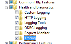Screenshot shows World Wide Web Services and Health and Diagnostics node expanded with Tracing highlighted.