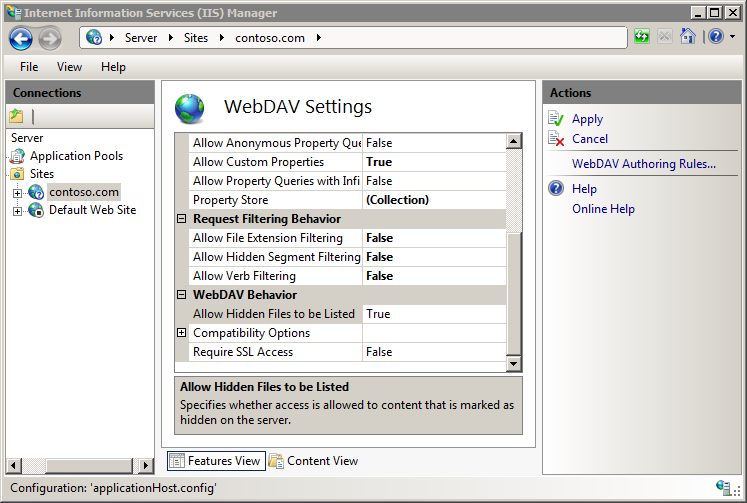 Screenshot of Web DAV Settings pane With Allow Hidden Files to be Listed option set to True. Apply option is shown in the Actions pane.