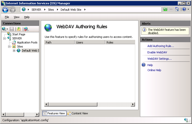 Image of Actions pane in Web DAV Authoring Rules page displaying Enable Web DAV option.