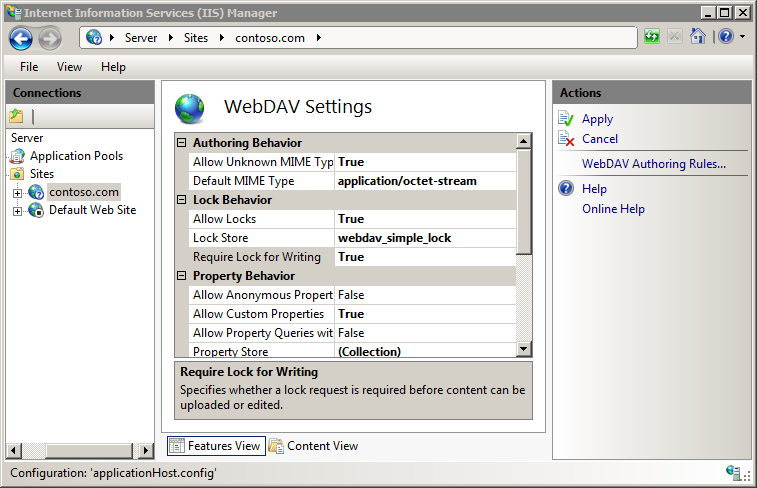 Image of Web DAV Settings page displaying Web DAV dash simple dash lock chosen from the drop down list.