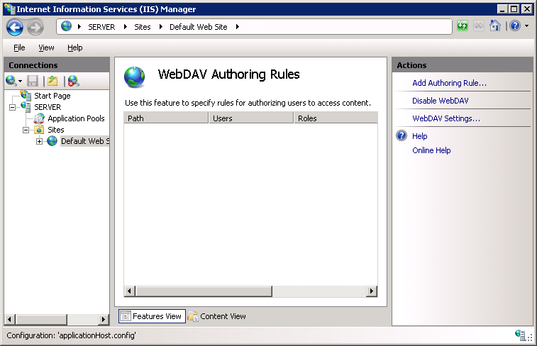Screenshot of Web DAV Authoring Rules page with Web DAV Settings displayed in the Actions pane.