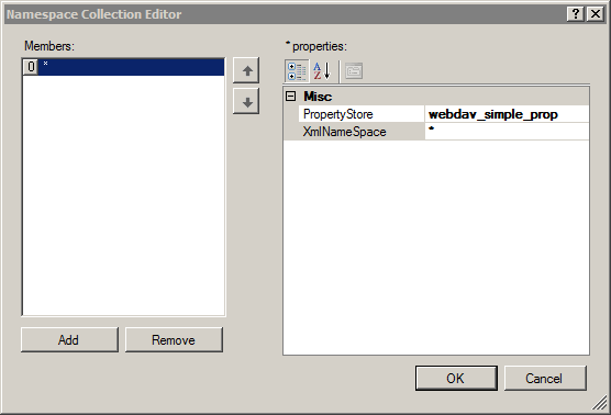 Screenshot of Name space Collection Editor dialog box showing web dav dash simple dash prop selected from the drop down list.