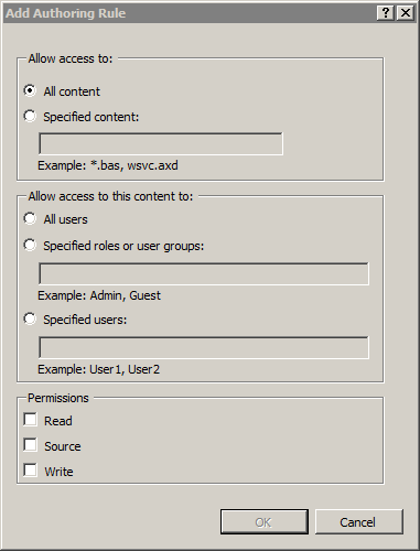 Screenshot that shows the Add Authoring Rule dialog box. All content is selected.