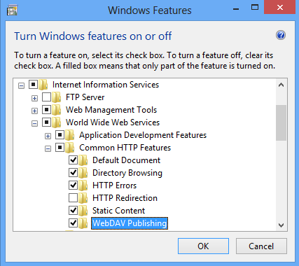 Screenshot of Turn Windows Features on or off page displaying Common H T T P Features pane expanded and Web DAV Publishing selected.