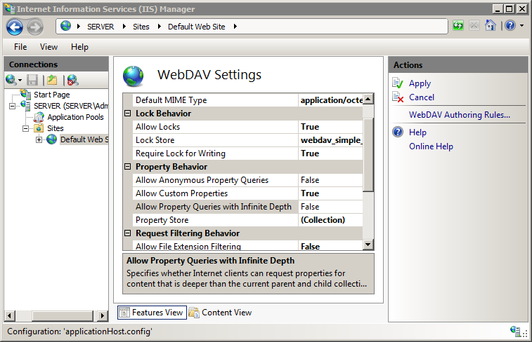 Screenshot that shows the Internet Information Services Manager pane. Default Web Site is WebDAV Settings.