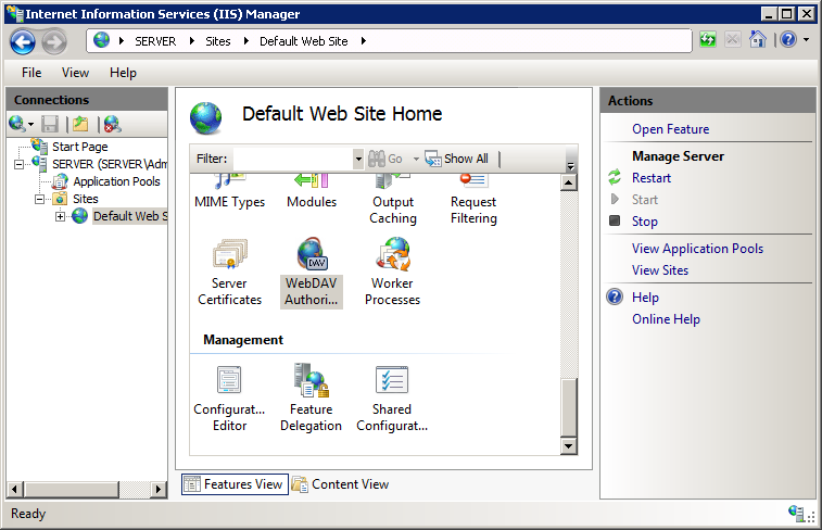 Screenshot that shows the Internet Information Services Manager pane. WebDAV Authoring Rules is selected on Default Web Site Home pane.