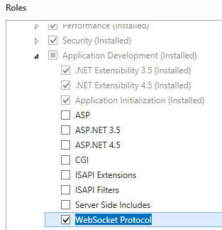 Screenshot of the Application Development list showing WebSocket Protocol selected.