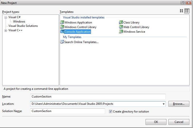 Screenshot of the New Project window. Console Applications is highlighted in the Templates section.