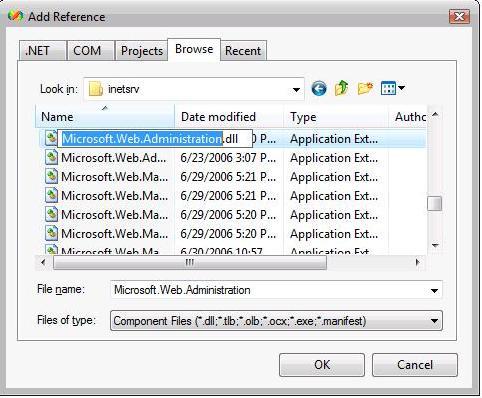 Screenshot of the Add Reference dialog box with Microsoft.Web.Administration. D L L highlighted in the list.