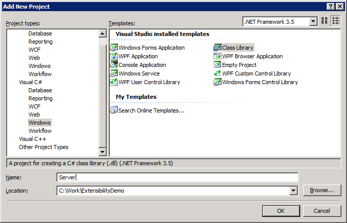 Screenshot of Add New Project dialog box with Server typed in the Name field as the project name.