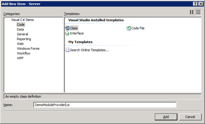 Screenshot of Add New Item dialog box with Demo Module Provider dot c s typed as the name of the file.