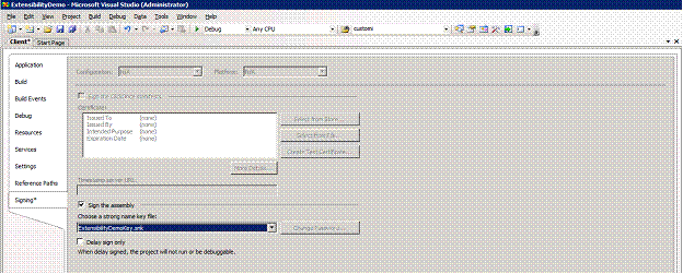 Screenshot of Signing Tab and the dialog box with Extensibility Demo Key entered as the key file name.