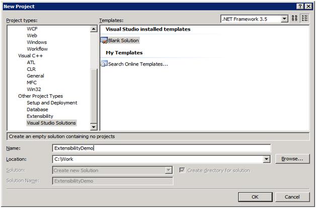 Screenshot of New Project dialog box with Visual Studio Solutions as project type and Blank Solution as the template selected.