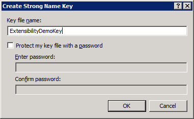 Screenshot of Create Strong Name Key dialog box with Extensibility Demo Key displayed in Key file name field.
