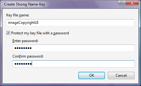 Screenshot of Create Strong Name Key dialog box displaying image Copyright U I entered as Key file name and password created and confirmed.
