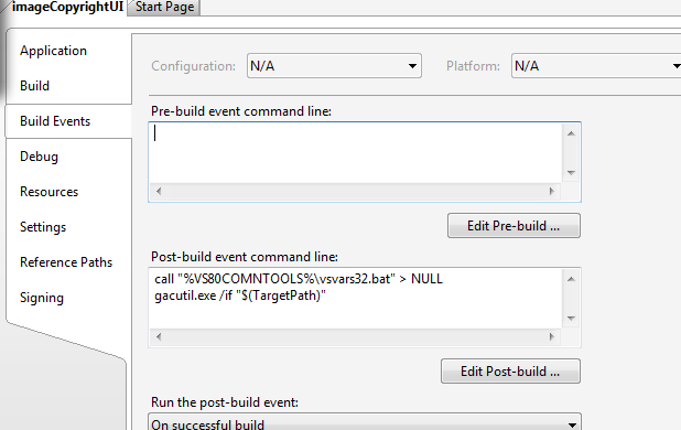 Screenshot of Post Build Event command line populated with code.