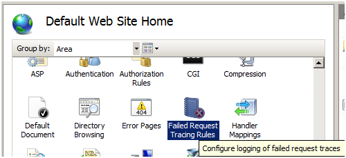 Screenshot of the Default Web Site Home screen with the Failed Request Tracing Rules option being highlighted.