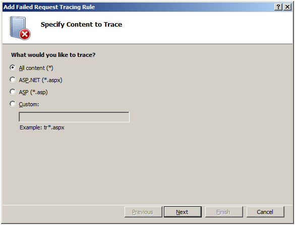 Screenshot of the Add Failed Request Tracing Rule page with a focus on the Next option.