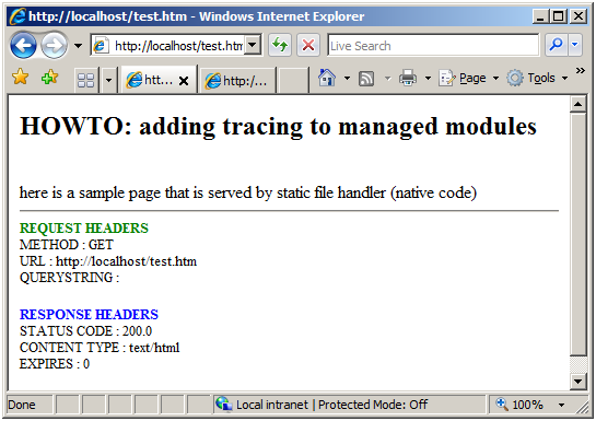 Screenshot of the sample webpage in an Internet Explorer window.