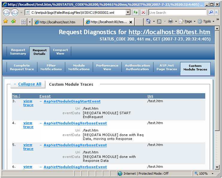 Screenshot of the Request Diagnostics screen, showing the Custom Module Traces tab.