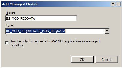 Screenshot of the Add Managed Module dialog box, showing the Name and Type fields.