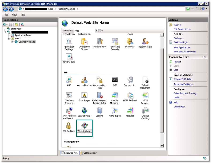 Screenshot of Web Analytics configuration displayed in I I S control panel.