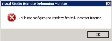Screenshot of the Visual Studio Remote Debugging Monitor error dialog.
