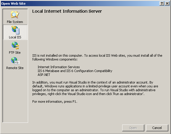 Screenshot of the Open Web Site, information about the Local Internet Information Server displays in the main pane.