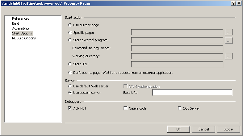 Screenshot of Start Options dialog box showing Use Custom Server option from Server Section selected.