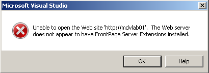 Screenshot of error dialog in Microsoft Visual Studio. The message says the web server does not appear to have Front Page Server Extensions installed.