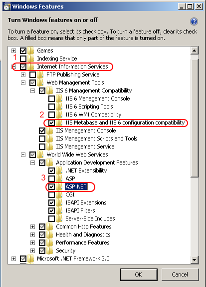 Screenshot of Windows Features with Internet Information Services, I I S Meta base, I I S 6 configuration compatibility and A S P dot NET highlighted.