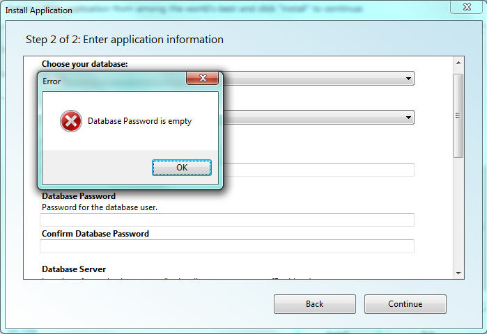 Screenshot showing the empty password dialog with OK selected.