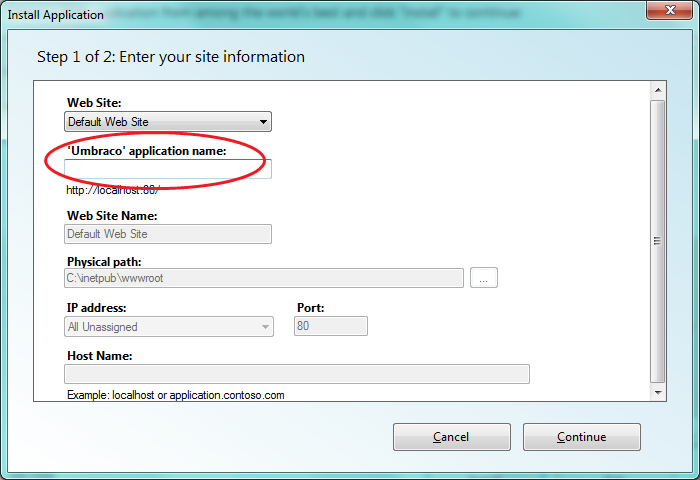 Screenshot of the Install Application window with Umbraco application name circled.