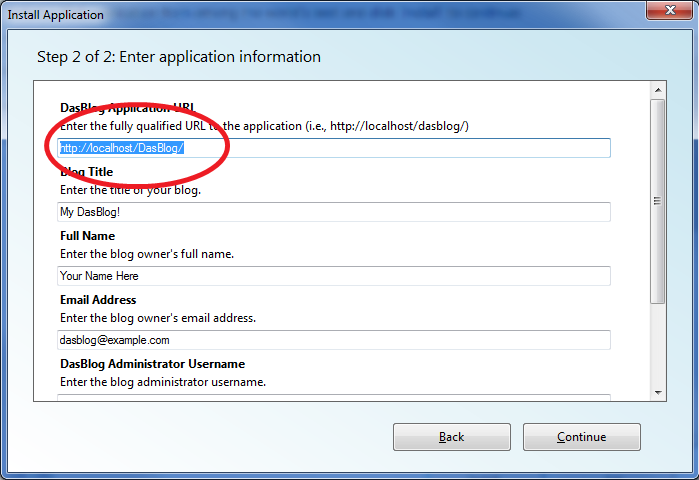 Screenshot of the Install Application window with the U R L circled.