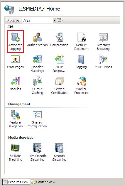 Screenshot of the I I S Manager server home page. The Advanced Logging icon is selected.
