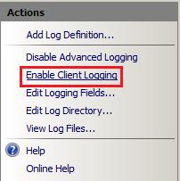 Screenshot of the Actions pane with Enable Client Logging selected.