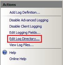 Screenshot of the Actions pane with a highlight on the Edit Log Directory option.