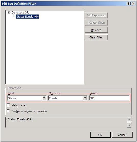 Screenshot of the Edit Log Definition Filter dialog. Status Equals 404 is highlighted in the main pane. Options are highlighted in the Expression pane.