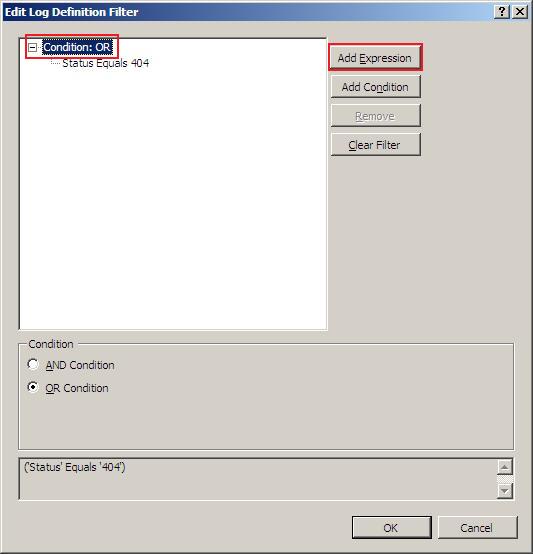 Screenshot of the Edit Log Definition Filter dialog. Condition:OR and Add Expression are highlighted in the main pane.