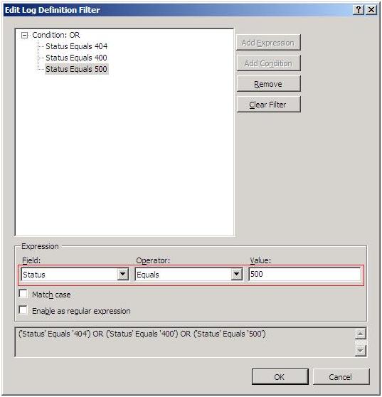 Screenshot of the Edit Log Definition Filter dialog. Status Equals 500 is highlighted in the main pane. Options are highlighted in the Expression pane.