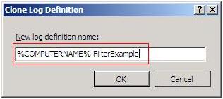 Screenshot of the Clone Log Definition dialog with the example log definition name highlighted in the input box.