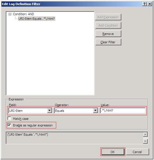 Screenshot of the Edit Log Definition Filter dialog. Options are highlighted in the Expression pane. Enable as regular expression is checked. OK is highlighted.