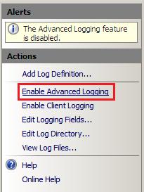 Screenshot of the Actions pane showing Enable Advanced Logging highlighted. 